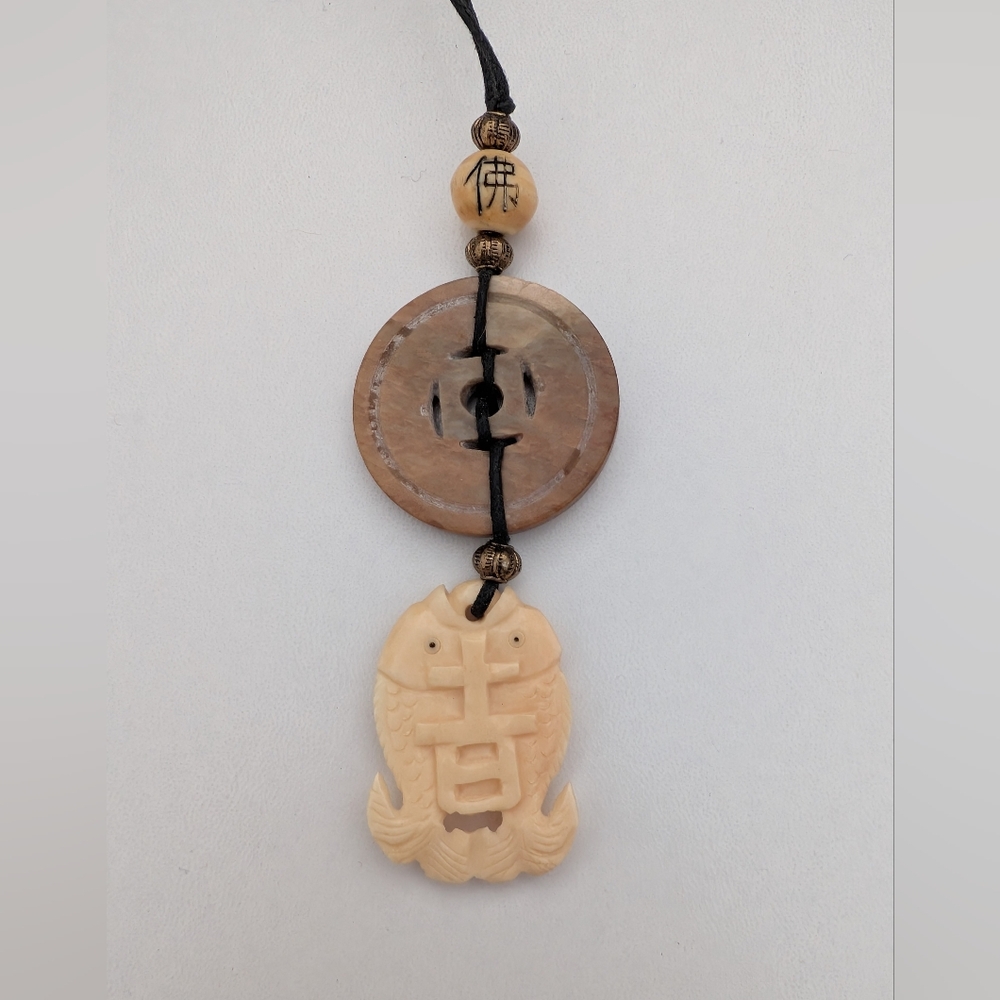 Vtg Chinese Lucky Koi & Jade Bi Disc Necklace - Hand Carved Bone/Soapstone